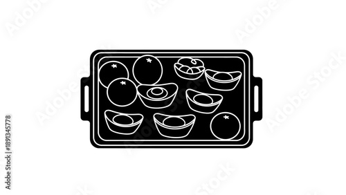 Baking tray with various desserts and fruits outlined.