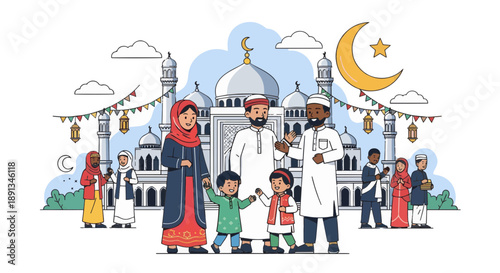 Happy Muslim Family Celebrating Eid al-Fitr or Ramadan in Front of a Beautiful Mosque with Crescent Moon and Decorations