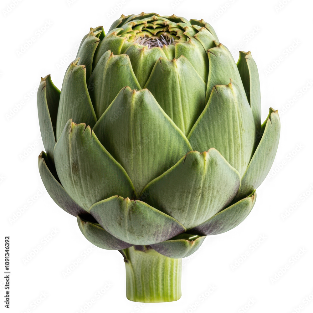 Fototapeta premium Fresh green artichoke with pointed leaves and purple tips on a black background isolated on a transparent background