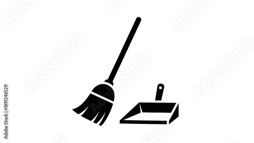 Simple black icon of a broom and dustpan for cleaning purposes.