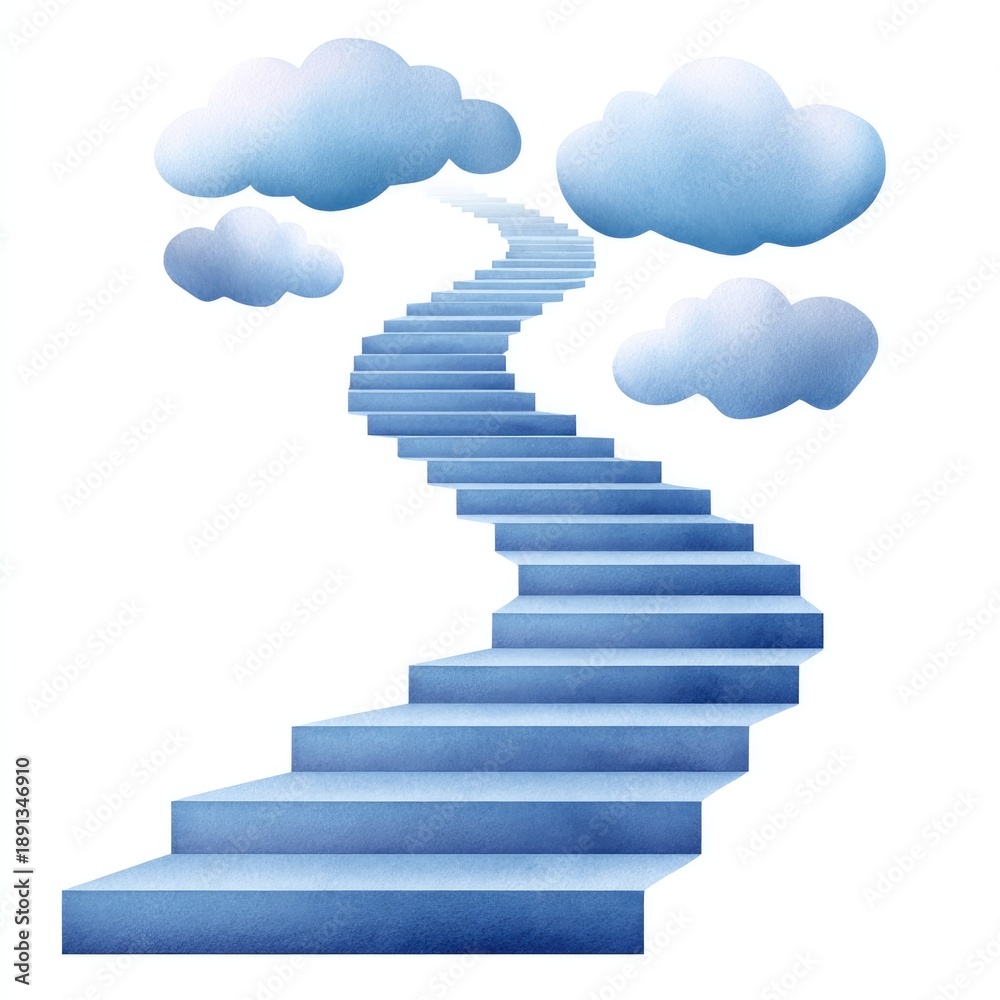 Fototapeta premium Dreamy watercolor cartoon illustration of light staircase ascending to cloudy sky on white background