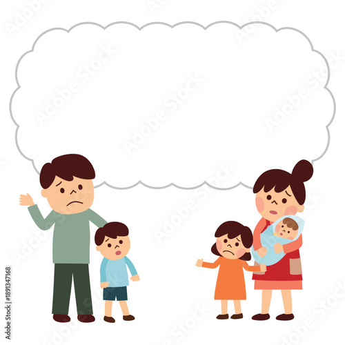 赤ちゃんを抱いて不安そうに考えている家族