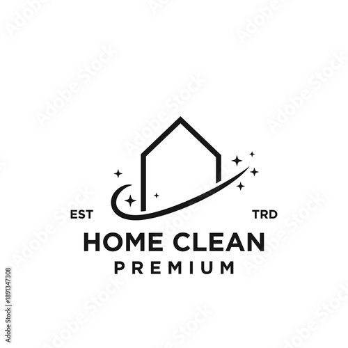 Home Clean Premium Logo Design with House Outline, Dynamic Swoosh, and Sparkles