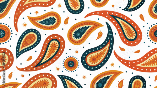 Vibrant orange and blue paisley shapes on white background abstract floral pattern