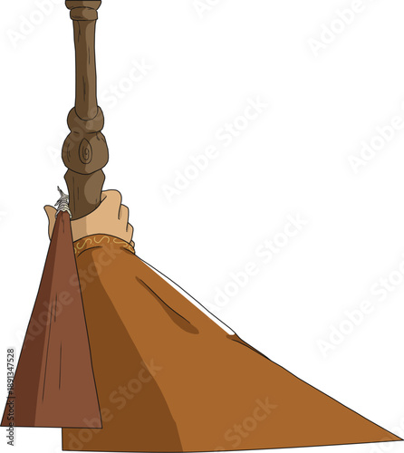 Vintage cartoon tribal tent hanging from tree branch with rope, brown fabric, isolated vector illustration. Ideal for adventure, camping, nomadic life, desert, and ethnic culture designs. Detailed