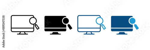 Computer monitor with magnifying glass icon set for digital search and system scan. vector illustration