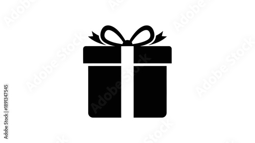 Simple black gift box icon with ribbon on white background.
