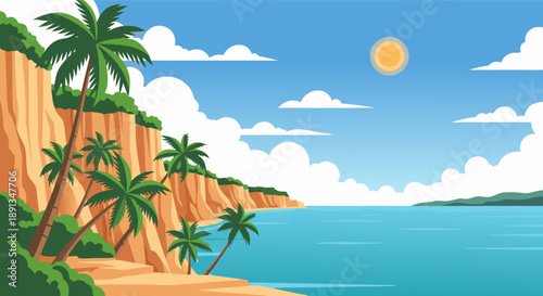 Scenic tropical beach with palm trees overlooking the ocean on a sunny day, perfect for travel and vacation imagery