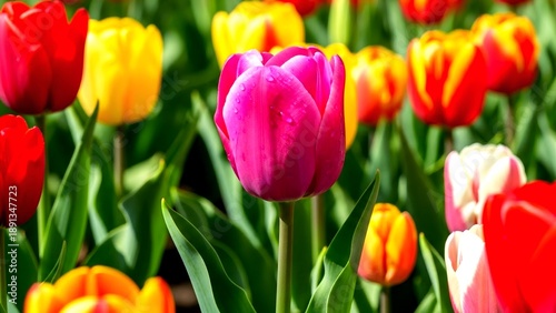 Vibrant Pink Tulip Standing Out in a Colorful Field of Red and Yellow Flowers on a Sunny Spring Day
