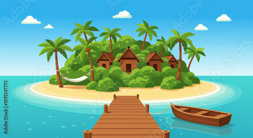 Tropical Island Paradise with Wooden Pier, Hammock, Boat, and Lush Greenery