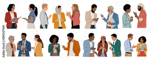 Set of diverse business casual people interacting with documents and phones, ideal for teamwork and corporate concepts. Flat vector illustration isolated on transparent background