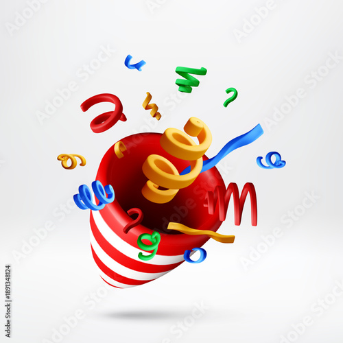 Red and white striped party cracker exploding with colorful 3D confetti and streamer elements for celebration, new year, birthday. Vector illustration