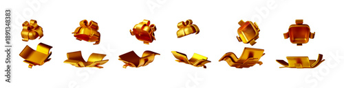 Golden gift box with a bow and open box. A collection of 3d render vector illustrations of various angles for celebration, surprise, and holiday design.