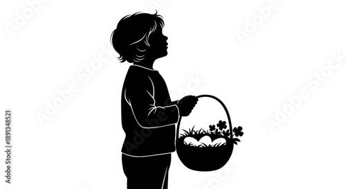 A young child holding a basket full of flowers, standing in profile, captured in a simple illustration style