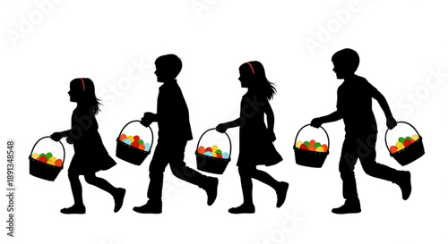 Children walking in a line carrying baskets filled with colorful eggs during a festive Easter egg hunt outdoors