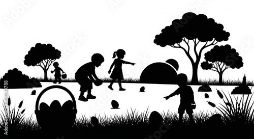 Children playing together in a park with trees and grass, viewed from the side.