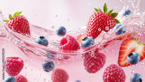 Strawberries, raspberries, and blueberries floating in soda water　ソーダ水に浮かぶイチゴとラズベリーとブルーベリー