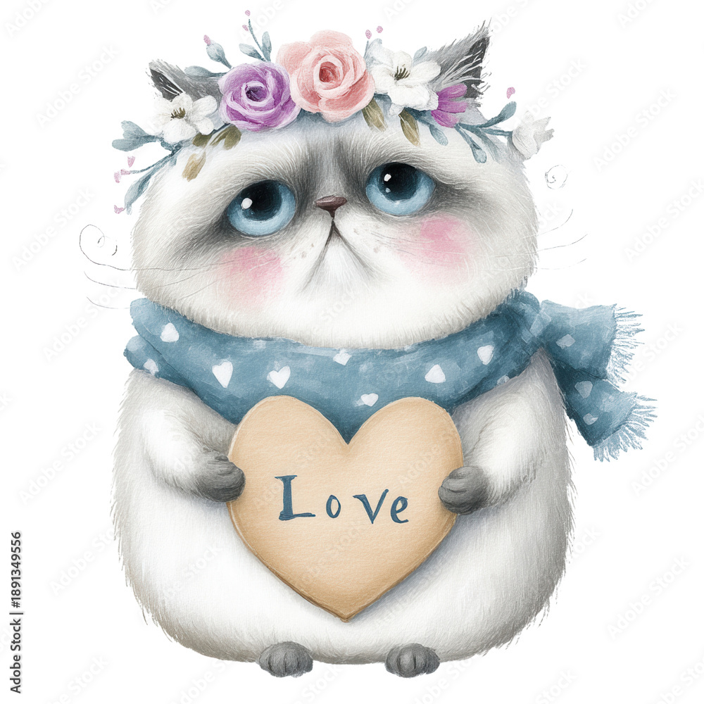 Obraz premium Cute fluffy cat wearing floral crown and scarf, holding heart-shaped sign with word Love, perfect for expressing affection, warmth, and cuteness in design projects