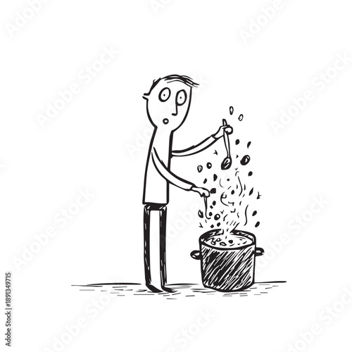 Line drawing of a person cooking, stirring a pot on a stove, with a spoon in hand. Simple illustration with a focus on cooking and kitchen activity. Vector illustration.