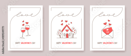 Minimalist Valentines Day greeting card template set with continuous line art love text and romantic symbols. Set of three vertical banners with wine glasses, a love letter, and a house on a white