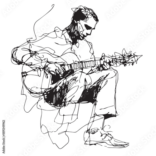 continuous line drawing of sitting guitarist playing guitar. Dynamic musician artist performance concept single line graphic draw design vector illustration