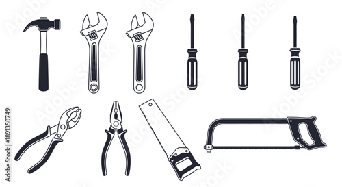 A collection of essential hand tools including hammers, wrenches, screwdrivers, pliers, and saws, depicted in a black and white illustration.
