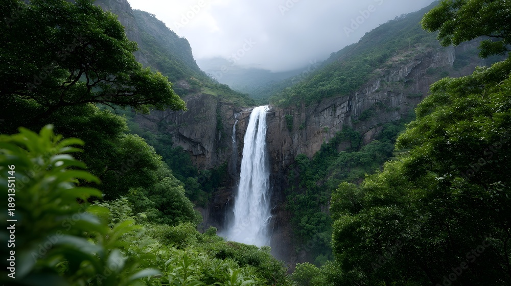 Fototapeta premium Majestic waterfall cascades powerfully down a steep green covered cliff face into a misty mountain valley