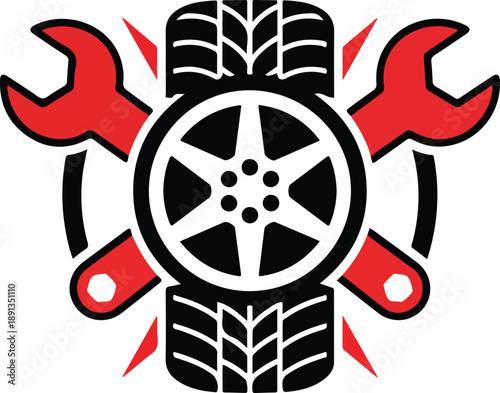 Professional automotive tire and wheel service emblem featuring crossed red wrenches