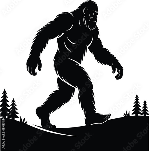 Bigfoot Sasquatch silhouette walking through the forest with pine trees on white background for outdoor design