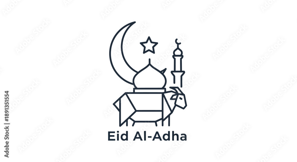 Obraz premium Line art illustration for Eid Al-Adha featuring a mosque, crescent moon, star, and a stylized goat.