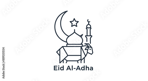Line art illustration for Eid Al-Adha featuring a mosque, crescent moon, star, and a stylized goat.