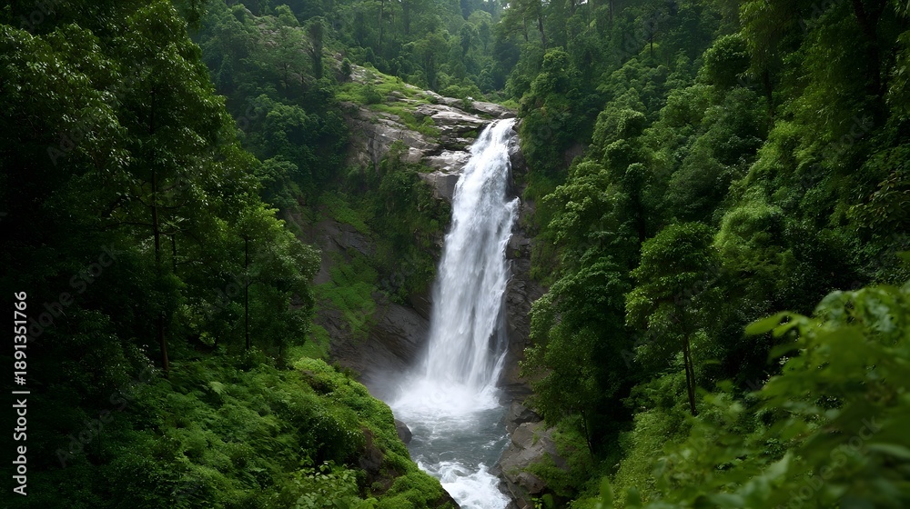 Fototapeta premium A powerful waterfall cascades down a rocky cliff within a dense lush green jungle environment
