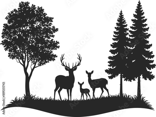 Black silhouette of deer family including buck doe and fawn standing in a forest landscape