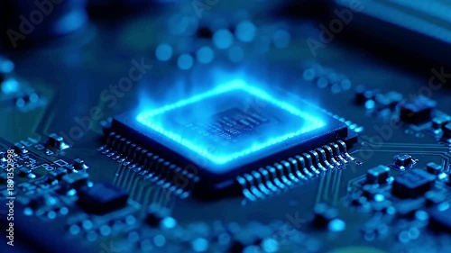 Close-up of a blue glowing microchip on a circuit board, symbolizing advanced computing and data processing