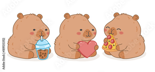 Cute capybara cartoon characters with food illustration set