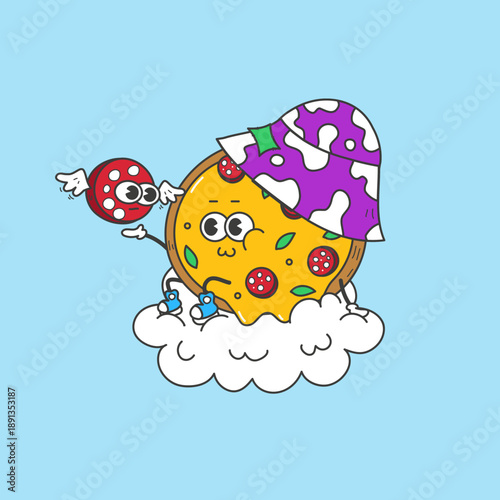 Surreal Pizza Character Sitting On Cloud