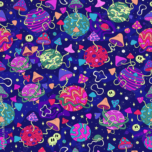 Psychedelic Space Mushroom Seamless Pattern