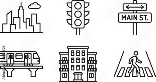 Outline icons illustrating essential urban infrastructure and street navigation elements Vector
