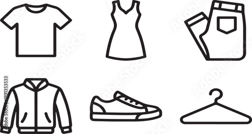 A collection of outline icons depicting various clothing items and accessories for fashion Vector