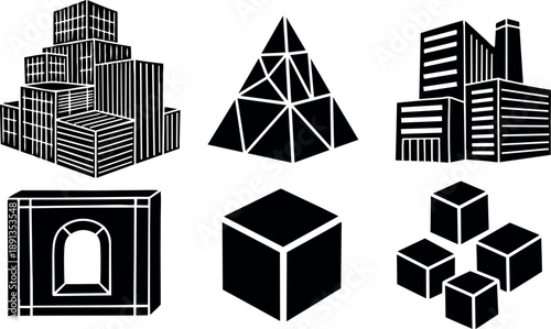 Minimalist black and white geometric shapes with cube pyramids and architectural building block vectors in simple flat design