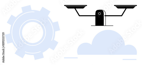 Digital technology, justice systems, cloud computing, balance, automation, equality. A scale over a cloud and a gear icon. Technology and justice systems as conceptual