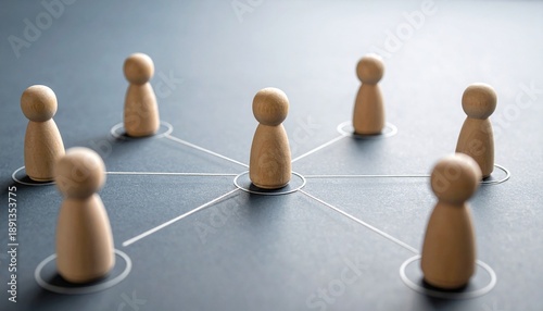 Seven wooden figurines on dark surface in network pattern, each in white circle with lines to central figure.