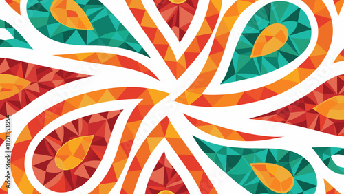 Vibrant paisley pattern with orange red and green teardrop shapes on white background