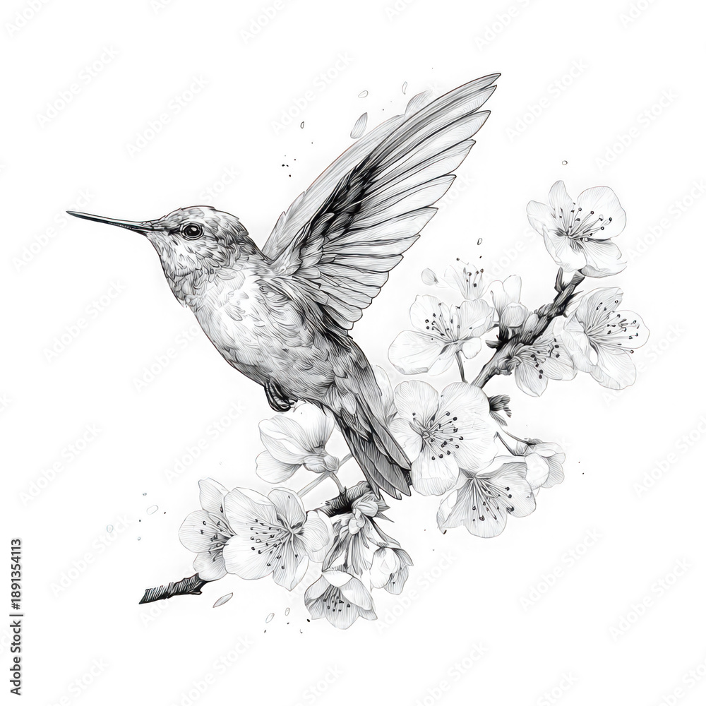Fototapeta premium Hummingbird in flight near delicate white blossoms on black background