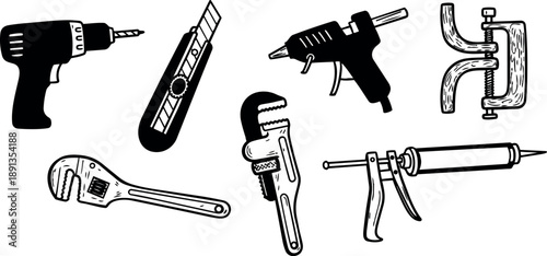 Hand drawn sketch vector set of various construction tools including drill, cutter, glue gun, clamp, and caulking gun collection