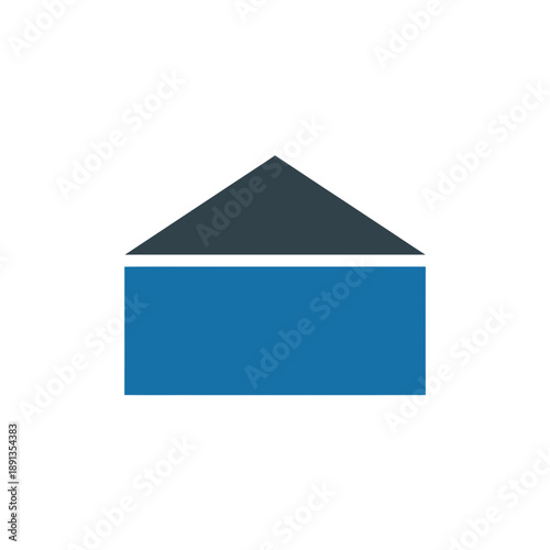 A simple blue house icon with a black roof on a white background