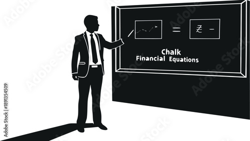 Businessman silhouette writing financial equations on chalkboard with chalk