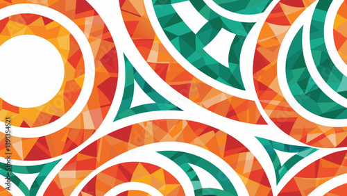 Vibrant orange and green paisley pattern with white accents and geometric shapes