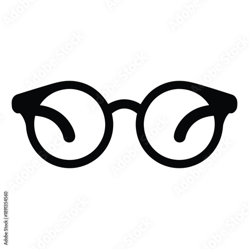 Black framed round glasses are depicted on a white background.