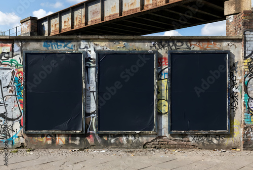 Three vertical blank black posters mockup on a colorful graffiti wall under an industrial bridge structure